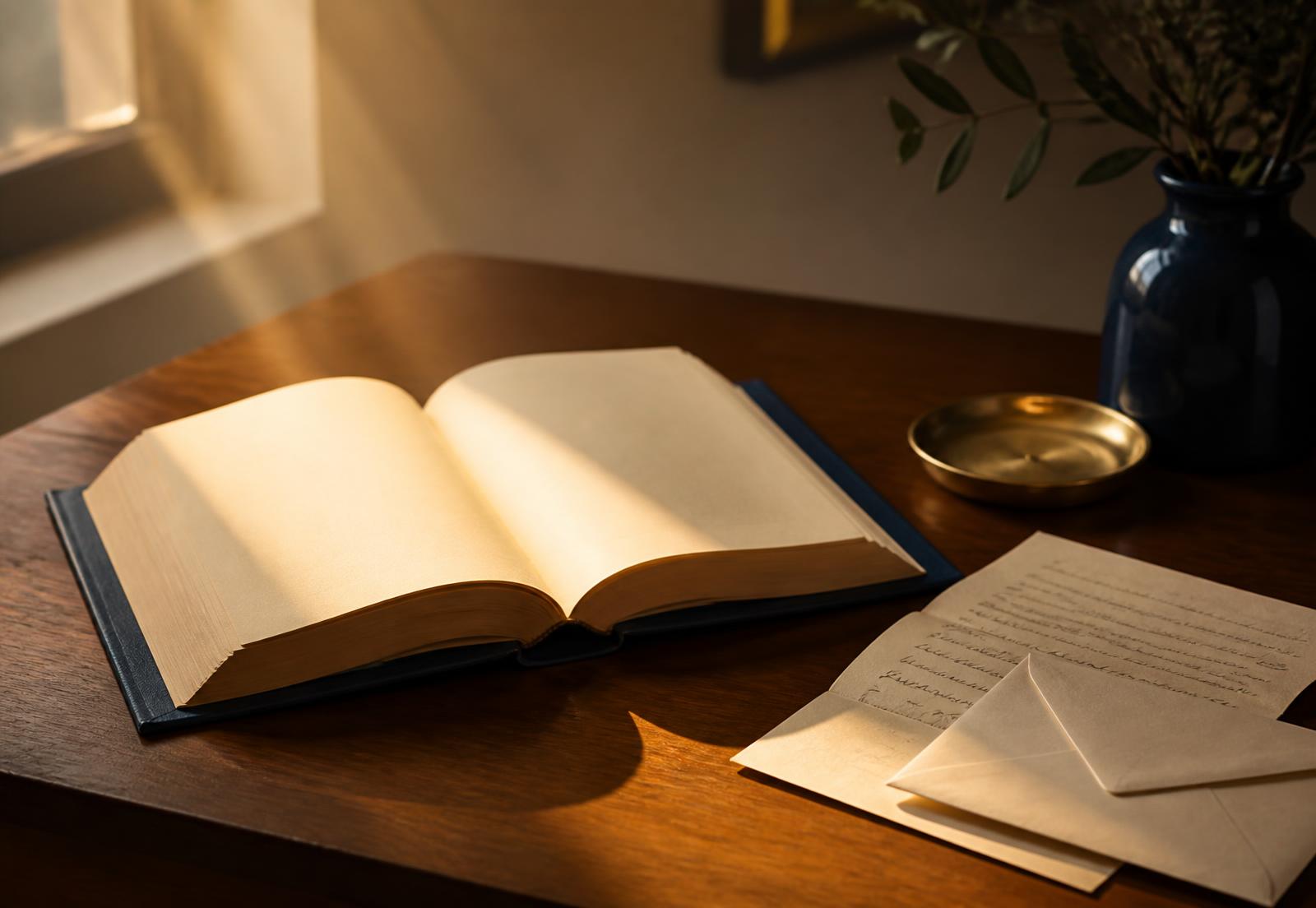 An open book and a handwritten letter on a wooden table in warm morning light